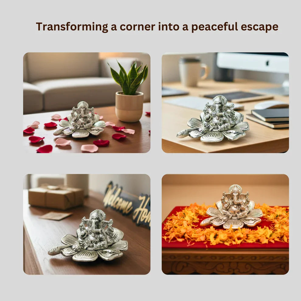 Silver-Tone Ganesha on Lotus Idol - KaariTales