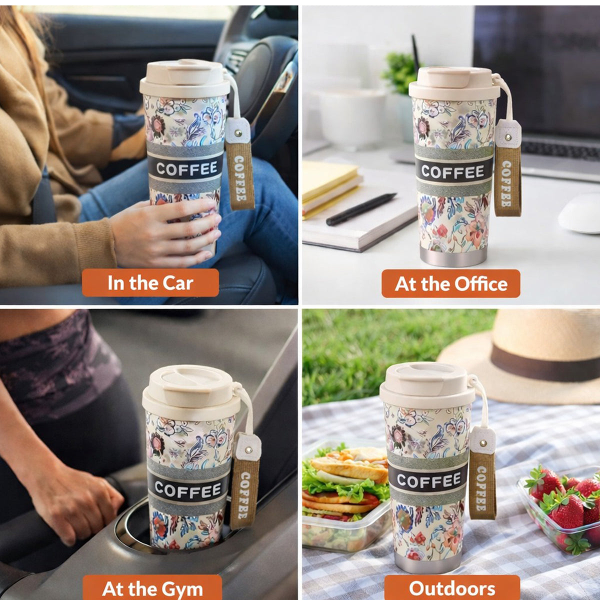 Beige floral insulated coffee travel tumbler with lid by Kaari Tales, designed for hot beverages on the go.
