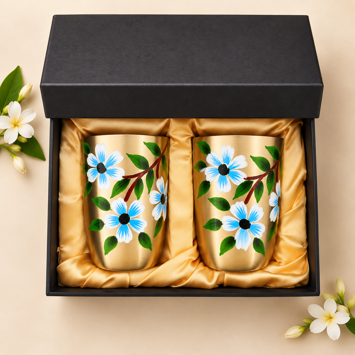 Spring Bird Garden Hand-Painted Brass Glasses - Decorative Brass Drinking Glasses Pair with Gift Box.