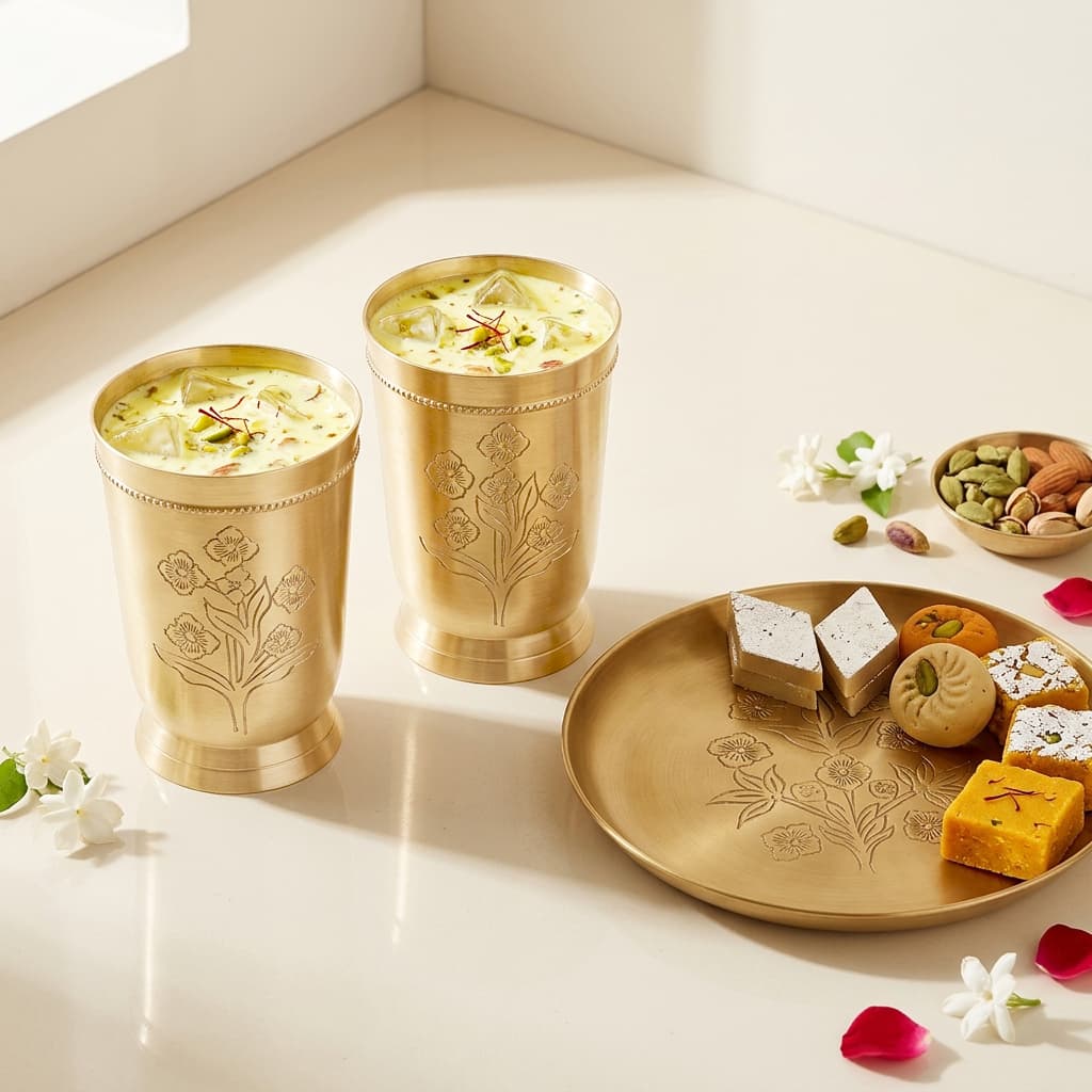 Brass Bloom Engraved Glasses – Set of 2