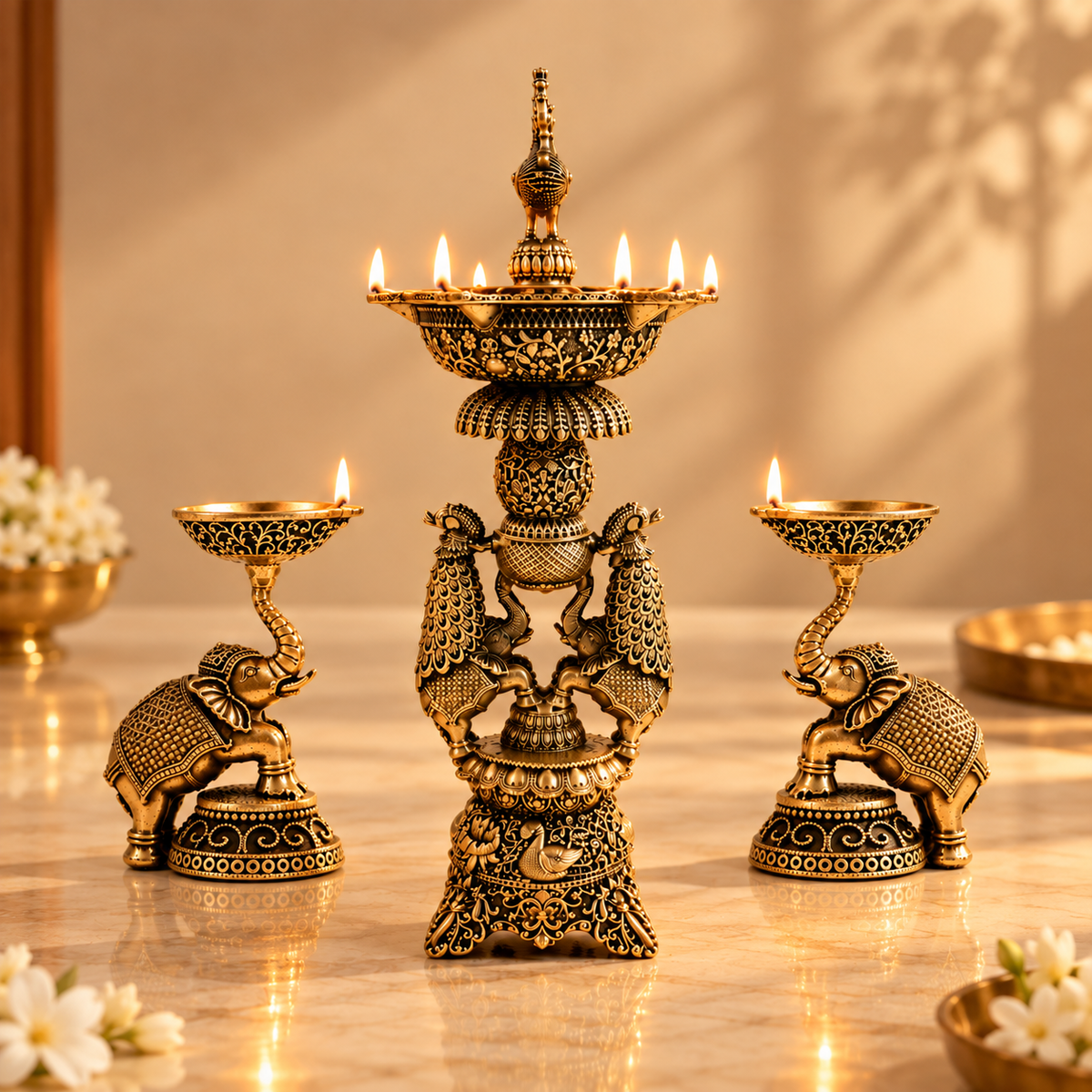 Gajraj Twin Brass Diyas| Traditional Brass Decorative Diyas for Decoration & Gifting