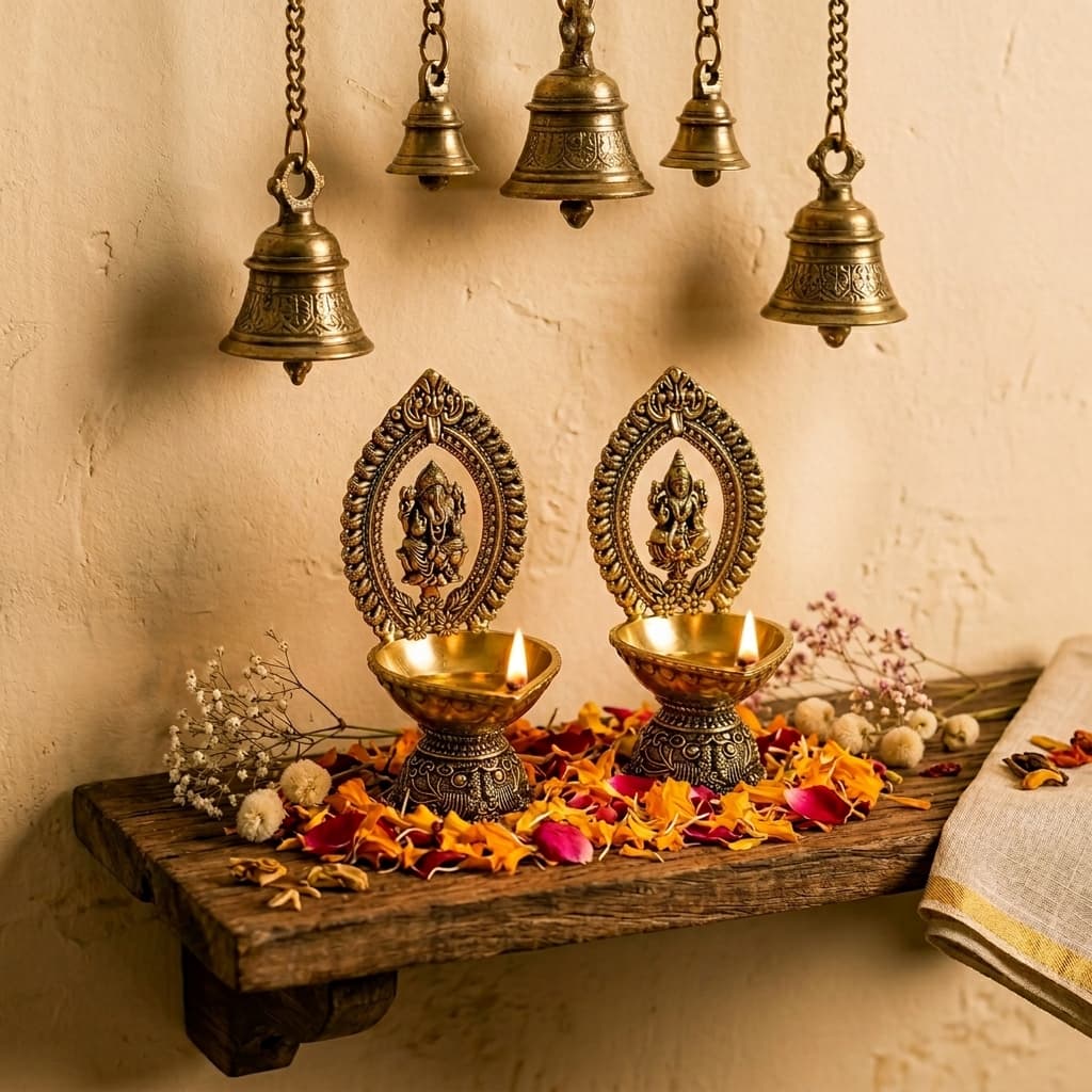 Brass Lakshmi diya featuring goddess Lakshmi sitting on a lotus flower, traditional Indian diya for auspicious occasions.