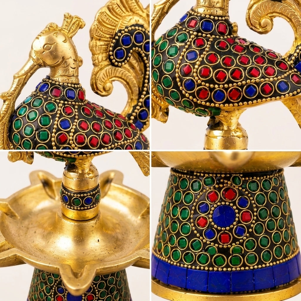 Handcrafted Peacock Decorative Oil Lamp with Stone Work