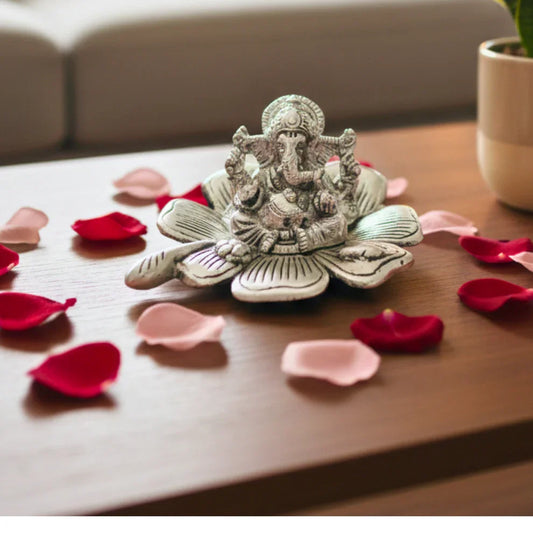 Silver-Tone Ganesha on Lotus Idol - KaariTales