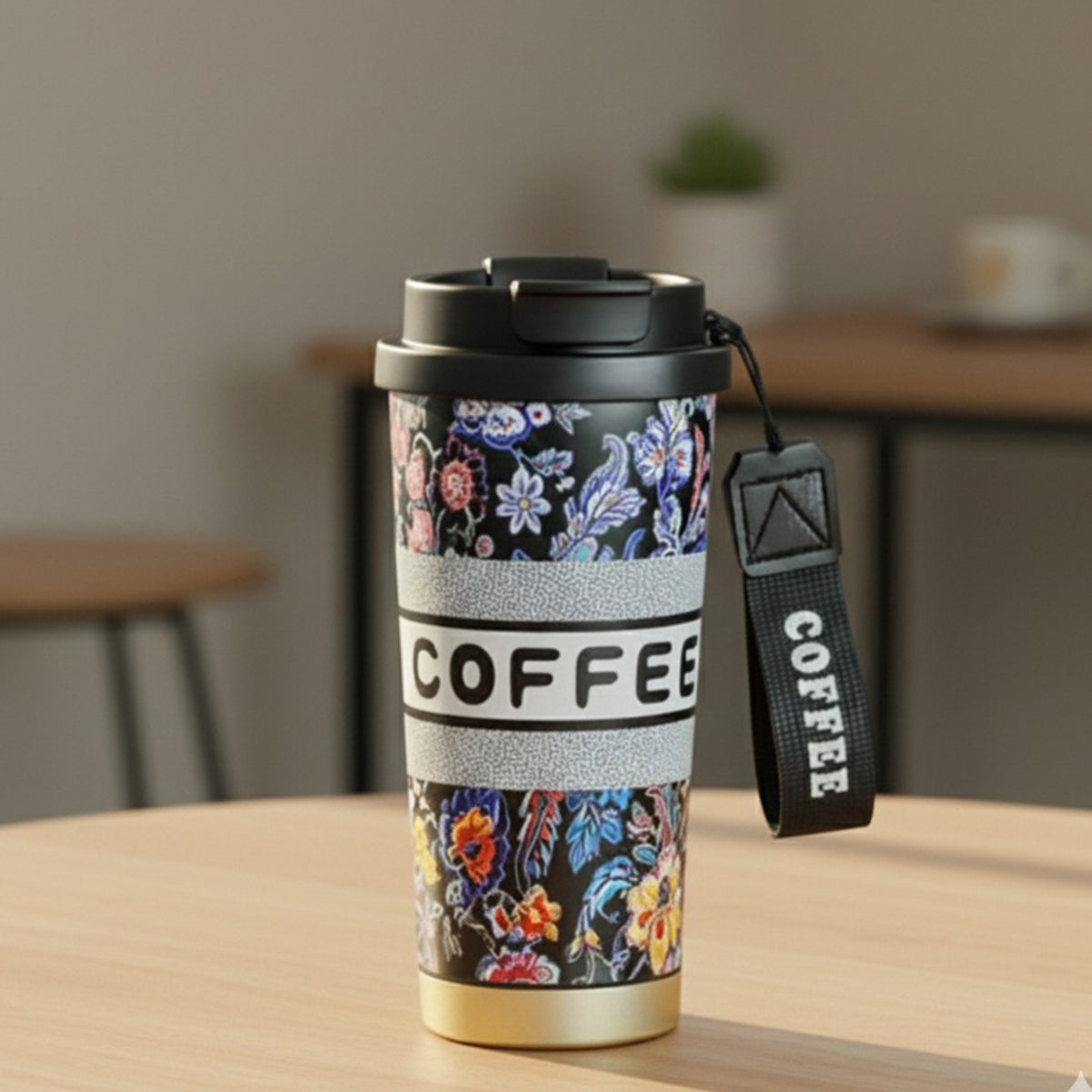 Black floral insulated coffee travel tumbler with lid by Kaari Tales, showing the sleek design and floral pattern on the mug.