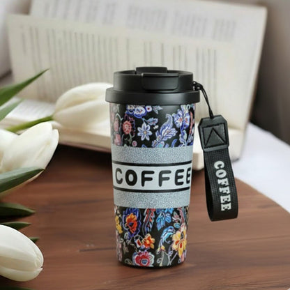Floral Insulated Coffee Travel Tumbler with Lid - Black