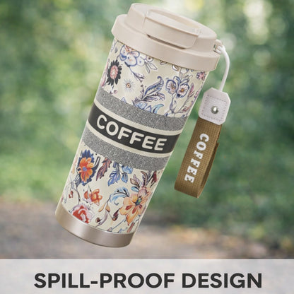 Beige floral insulated coffee travel tumbler with lid by Kaari Tales, ideal for hot or cold beverages on the go.