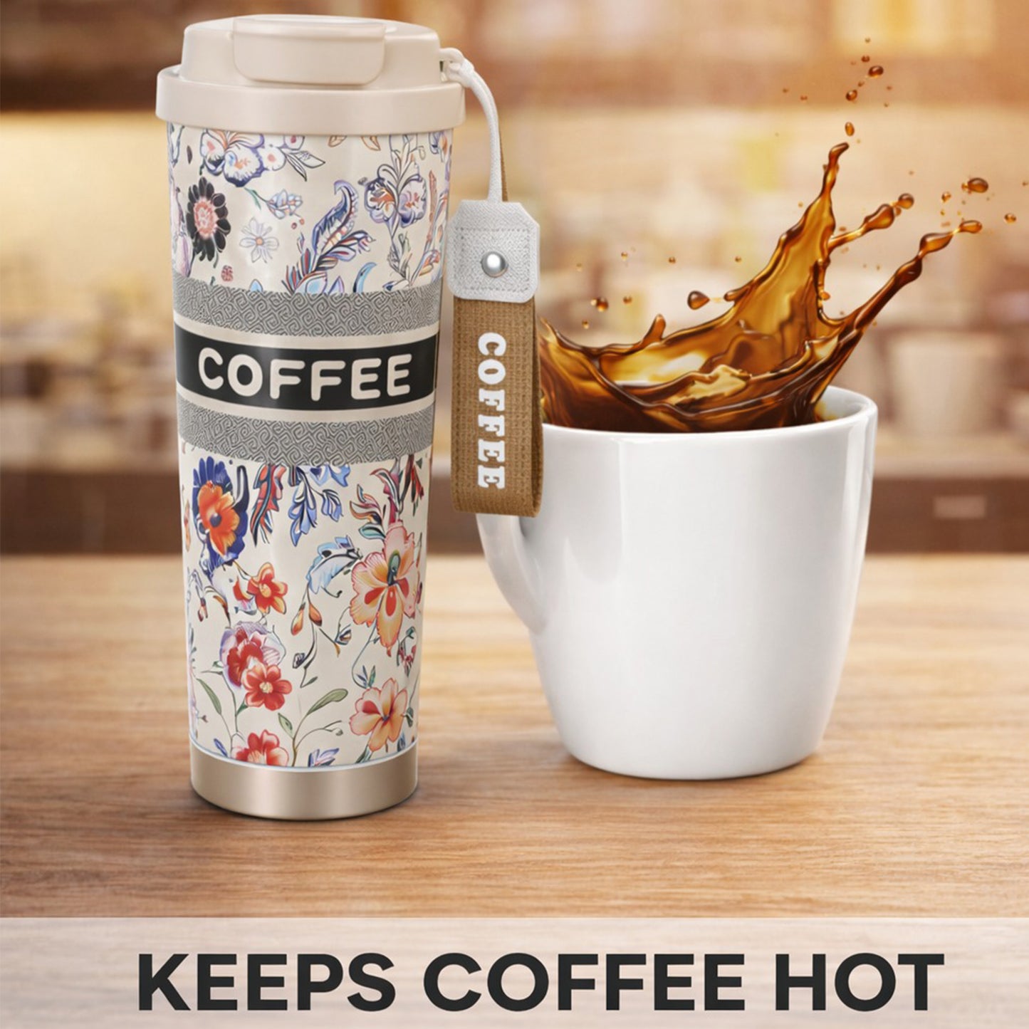 Floral Insulated Coffee Travel Tumbler with Lid - Beige