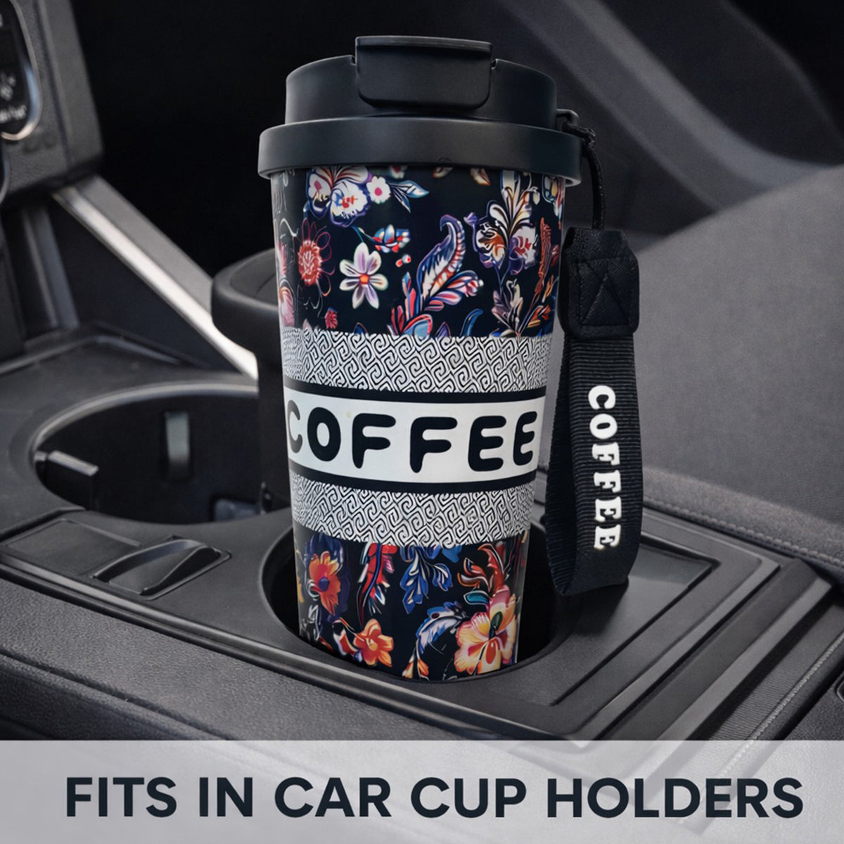 Black floral insulated coffee travel mug with lid by Kaari Tales, featuring a stylish floral pattern and secure spill-proof lid.