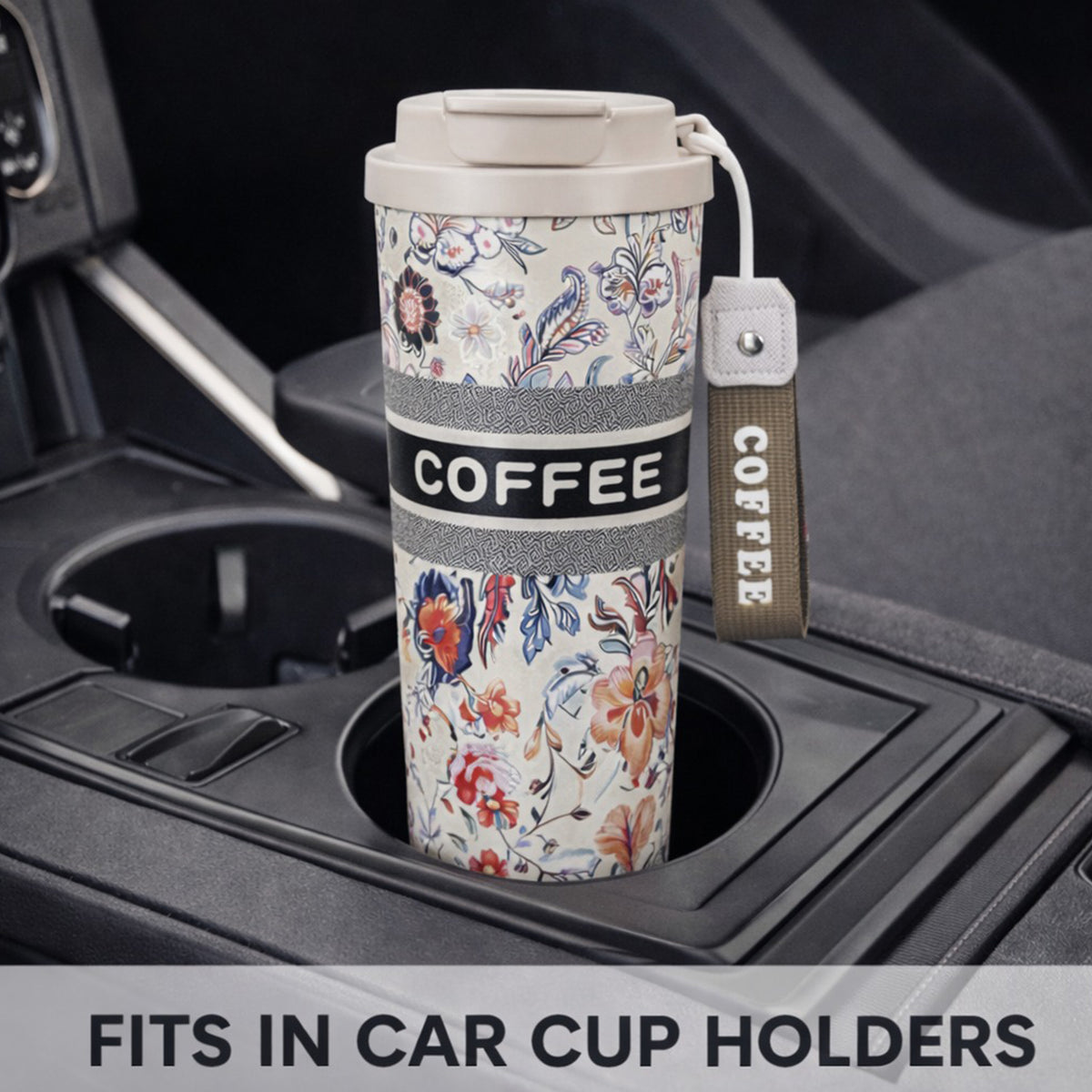 Beige floral insulated coffee travel tumbler with lid from Kaari Tales, designed for hot beverages on the go.