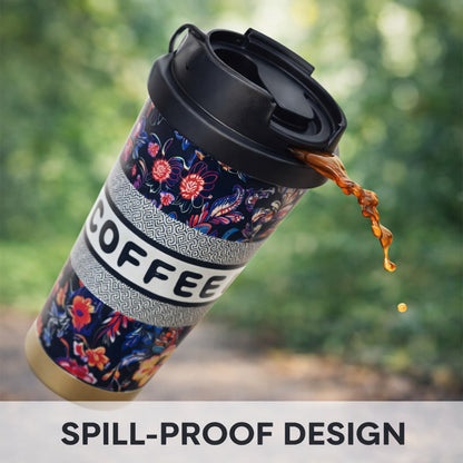 Floral Insulated Coffee Travel Tumbler with Lid - Black