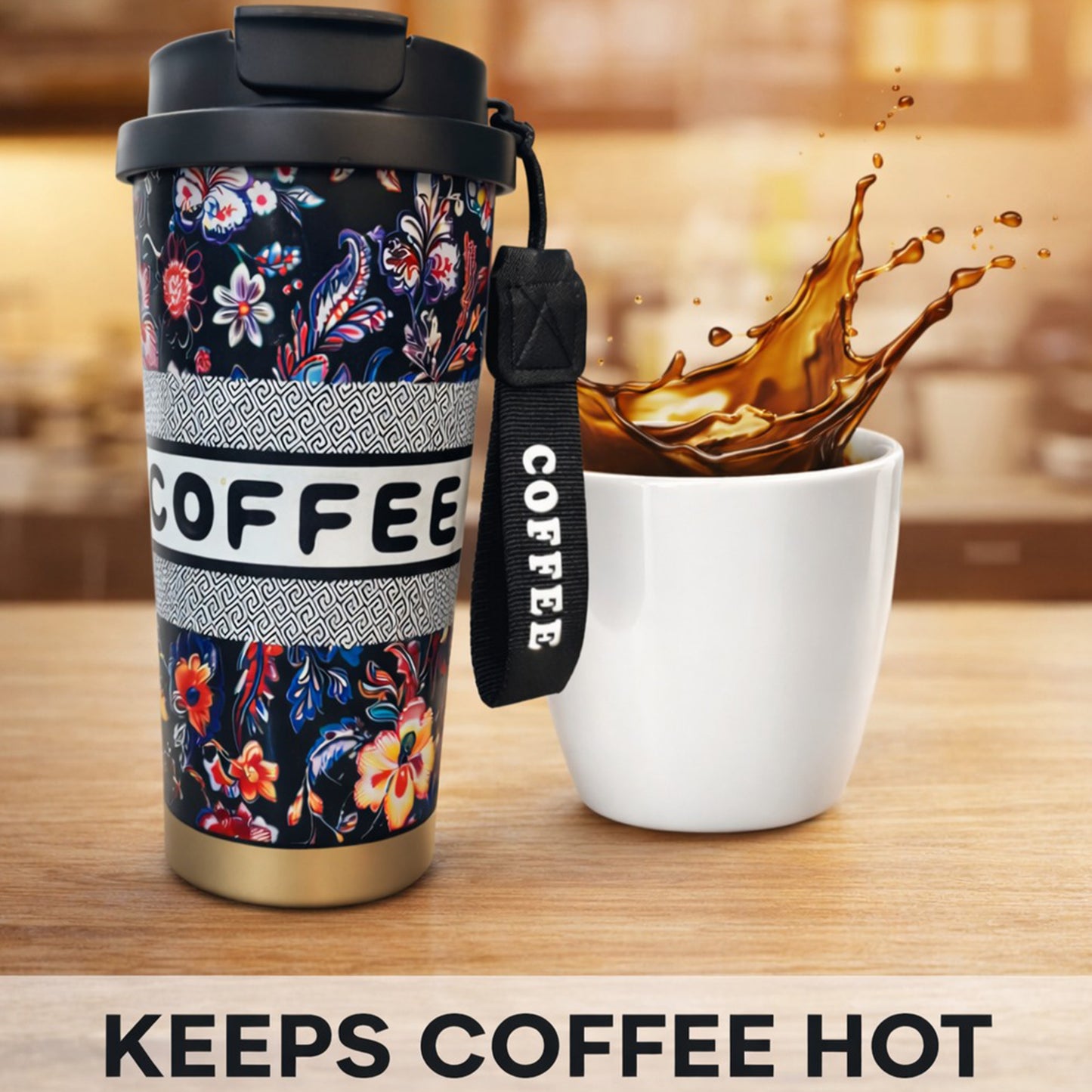 Floral Insulated Coffee Travel Tumbler with Lid - Black