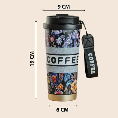 Floral Insulated Coffee Travel Tumbler with Lid - Black