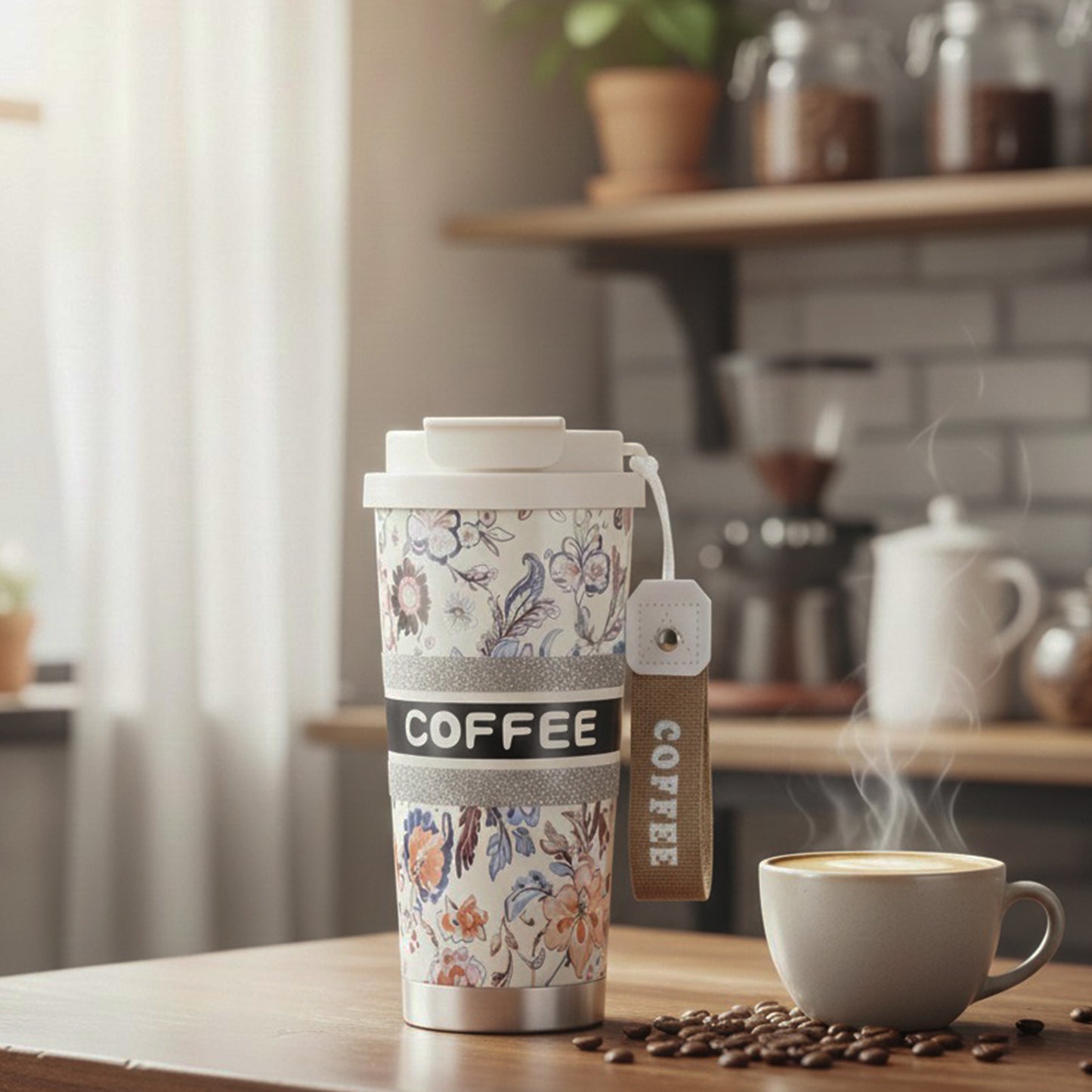 Floral Insulated Coffee Travel Tumbler with Lid - Beige