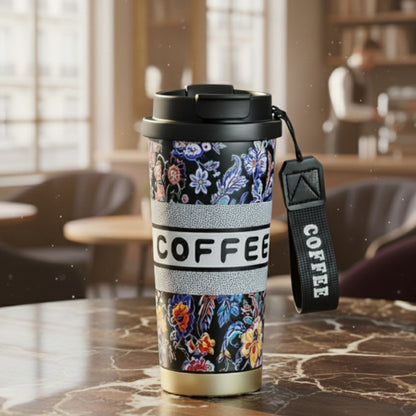 Floral Insulated Coffee Travel Tumbler with Lid - Black