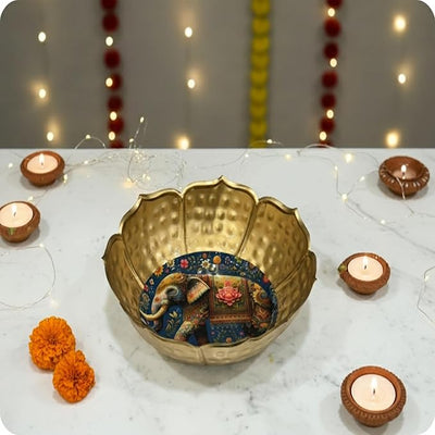 Hammered Golden Lotus Urli with Elephant