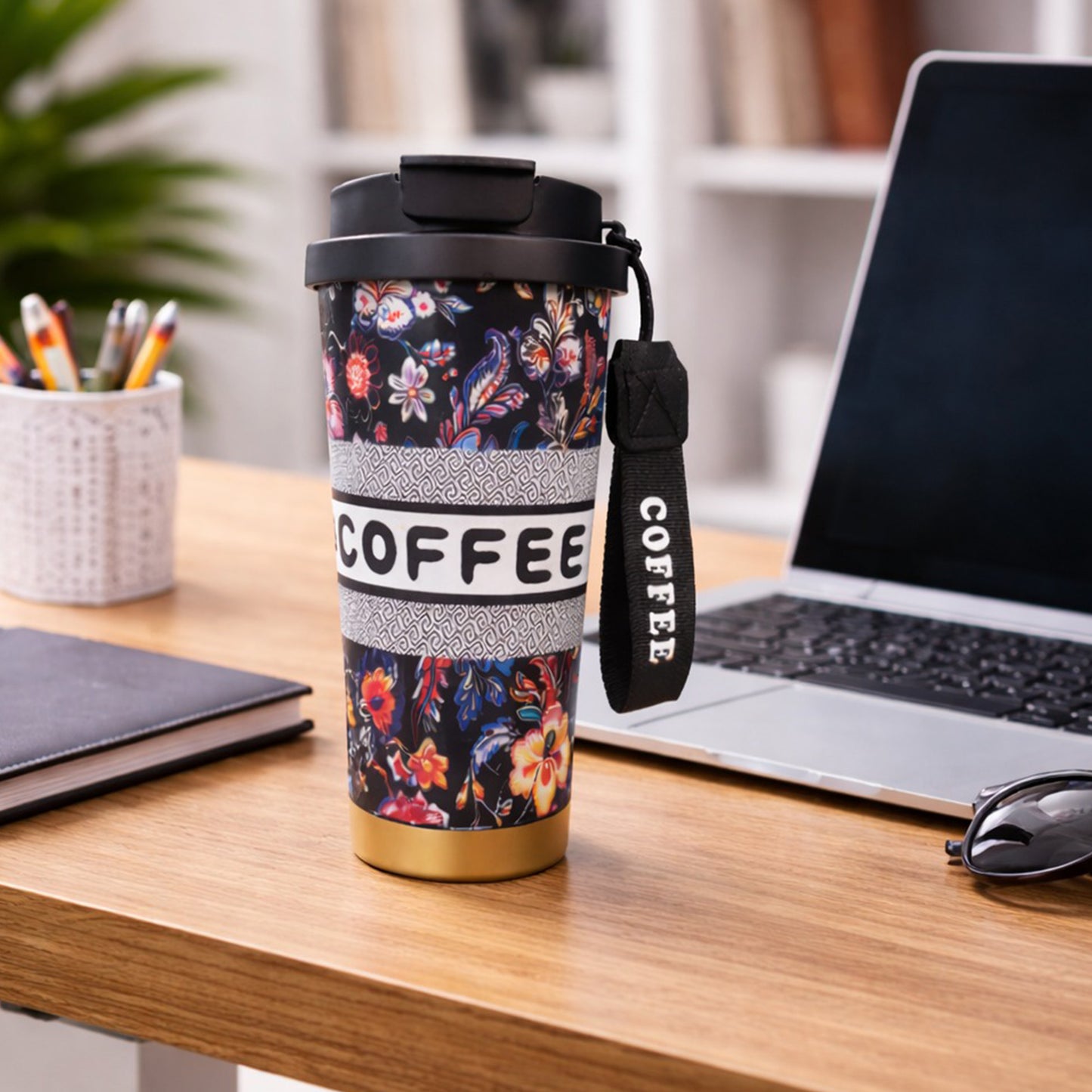 Floral Insulated Coffee Travel Tumbler with Lid - Black