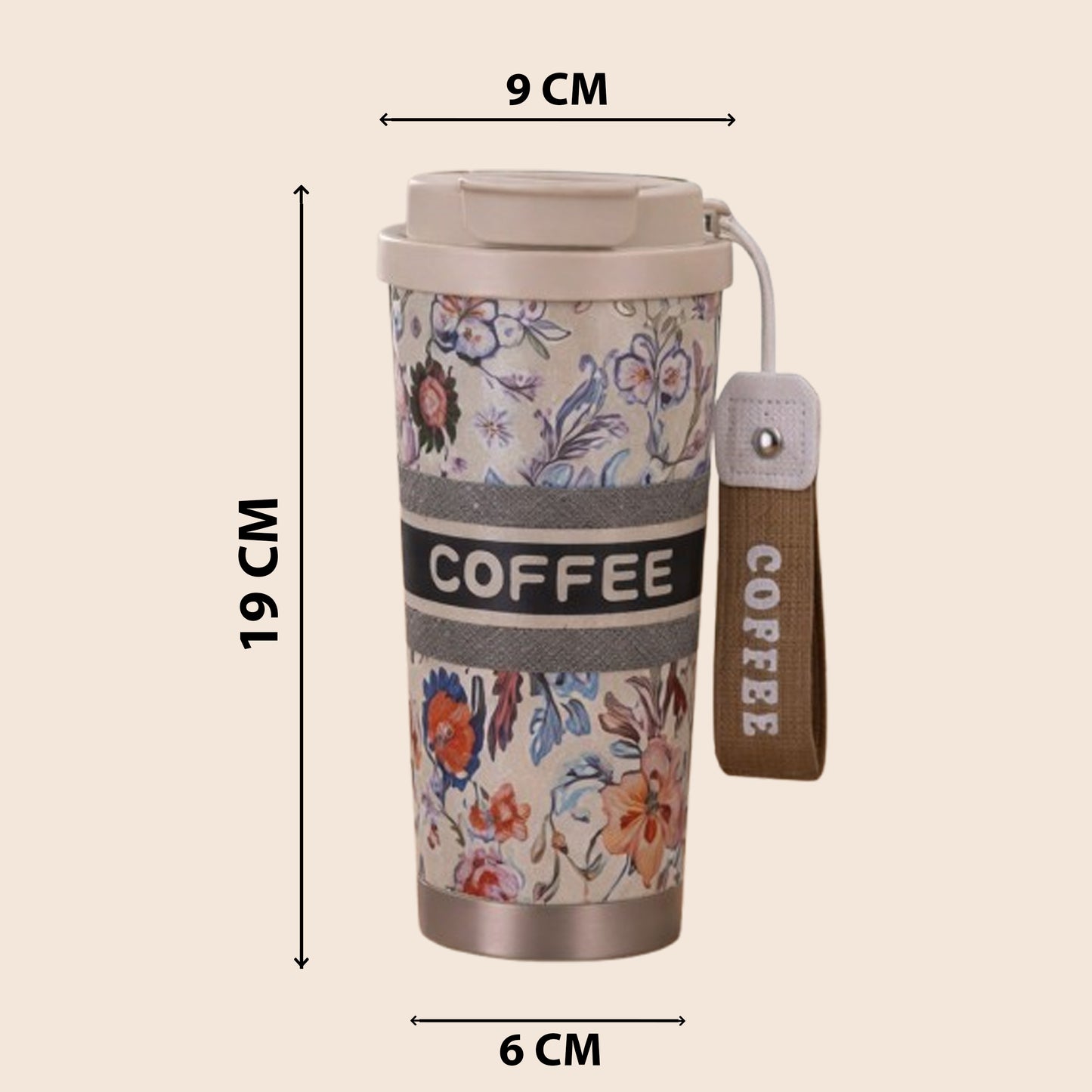 Floral Insulated Coffee Travel Tumbler with Lid - Beige