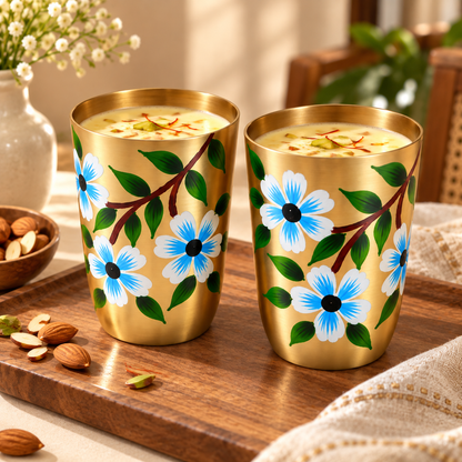 Spring Bird Garden Hand-Painted Brass Glasses -  Decorative Brass Drinking Glasses Pair with Gift Box.