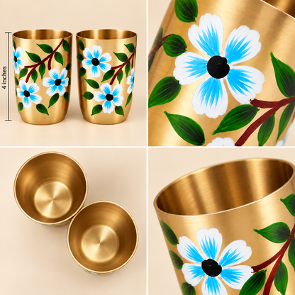 Spring Bird Garden Hand-Painted Brass Glasses -  Decorative Brass Drinking Glasses Pair with Gift Box.