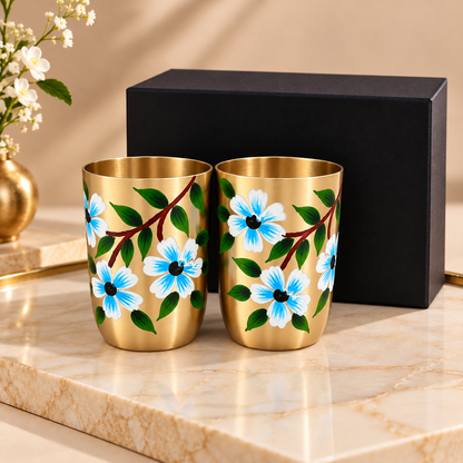 Spring Bird Garden Hand-Painted Brass Glasses -  Decorative Brass Drinking Glasses Pair with Gift Box.