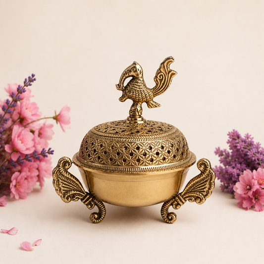Brass stand for Heritage Loban by KaariTales, decorative incense holder with intricate design and polished brass finish.