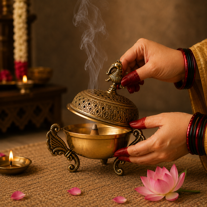 Brass stand for Heritage Loban by KaariTales, designed to hold traditional incense or aromatic herbs.