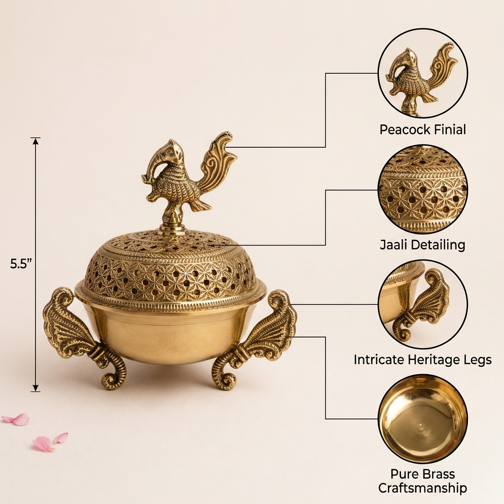 Brass stand for Heritage Loban incense from KaariTales, showcasing a decorative holder with intricate design details.