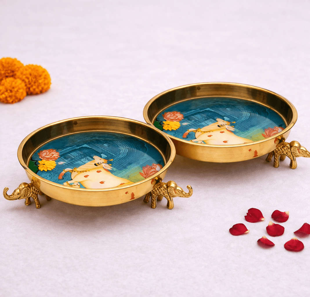 Kamadhenu Pichwai Art Elephant - Footed Urli - Set of 2 - KaariTales