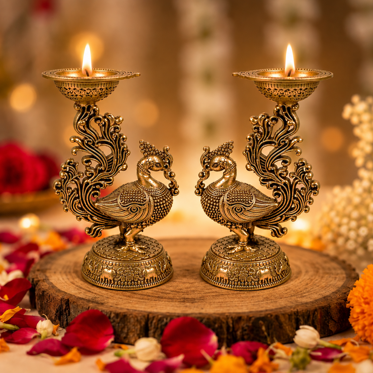 Pair of handcrafted brass peacock diyas by Kaari Tales, traditional oil lamps for puja, festive decor, and gifting.