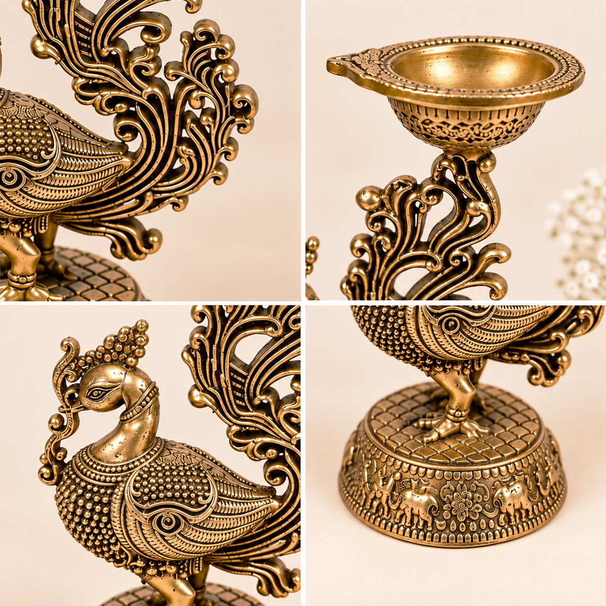 Pair of handcrafted brass peacock diyas for home decor, traditional oil lamps for puja, festive celebrations, and gifting.