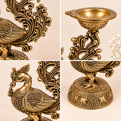 Pair of handcrafted brass peacock diyas for home decor, traditional oil lamps for puja, festive celebrations, and gifting.