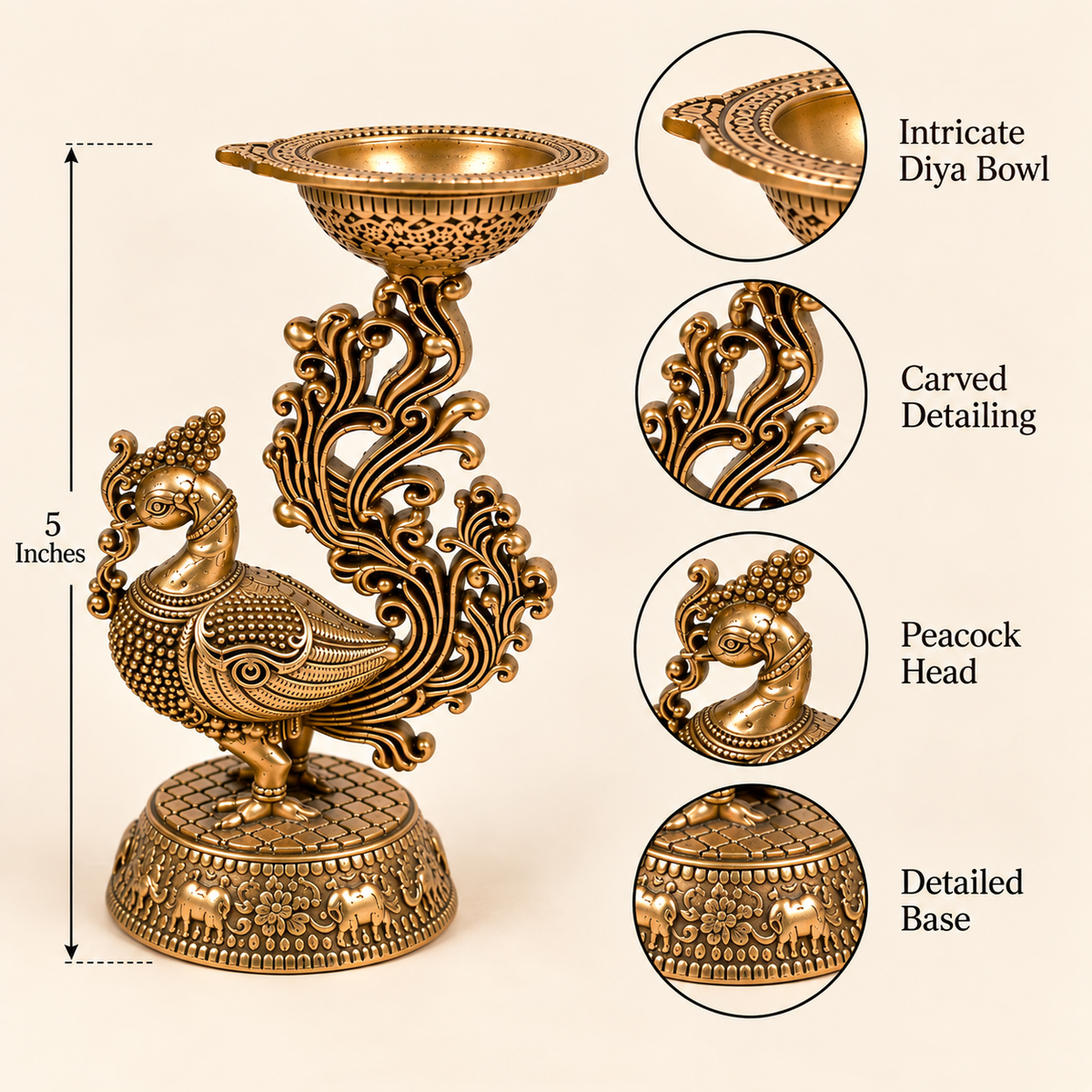 Set of two handcrafted brass peacock diyas by Kaari Tales, traditional oil lamps for puja, festive decor, and gifting.