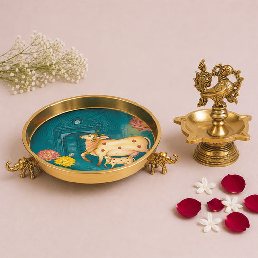 Pichwai Heritage Elephant Urli & Peacock Diya Combo