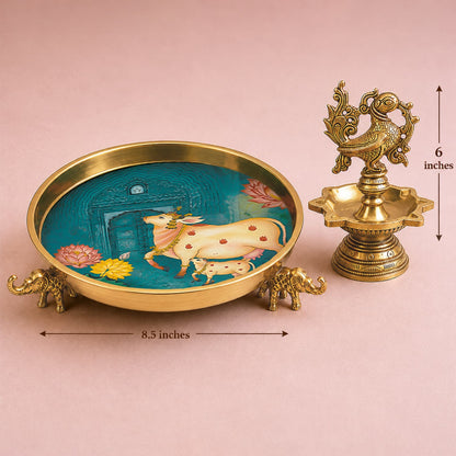 Pichwai Heritage Elephant Urli & Peacock Diya Combo