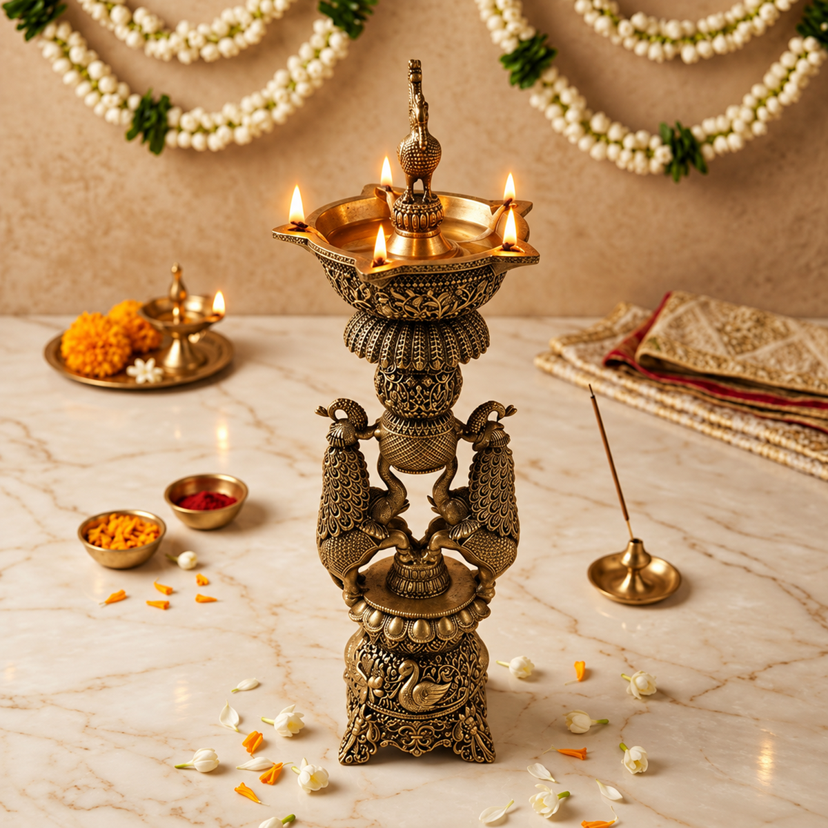 Handcrafted brass Gaja Mayura lamp featuring peacock and elephant designs, traditional oil lamp for puja and festive home decor.