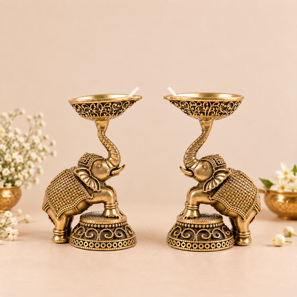 Gajraj Twin Brass Diyas| Traditional Brass Decorative Diyas for Decoration &amp; Gifting