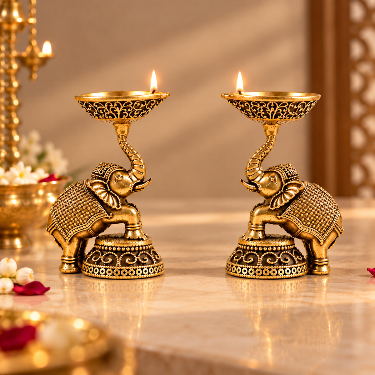 Gajraj Twin Brass Diyas| Traditional Brass Decorative Diyas for Decoration &amp; Gifting