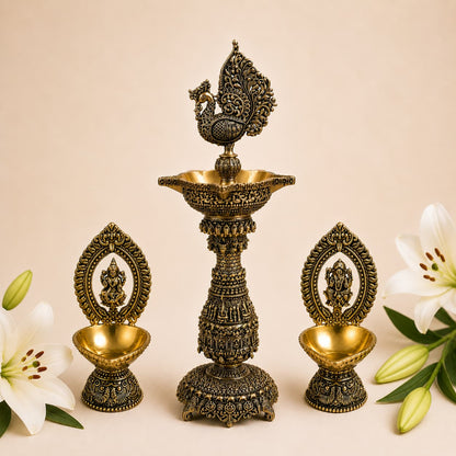 Divine Ganesh-Lakshmi Temple Diya Set with Decorative Oil Lamp Trio