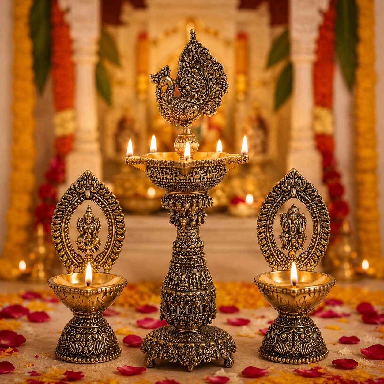 Divine Ganesh-Lakshmi Temple Diya Set with Decorative Oil Lamp Trio