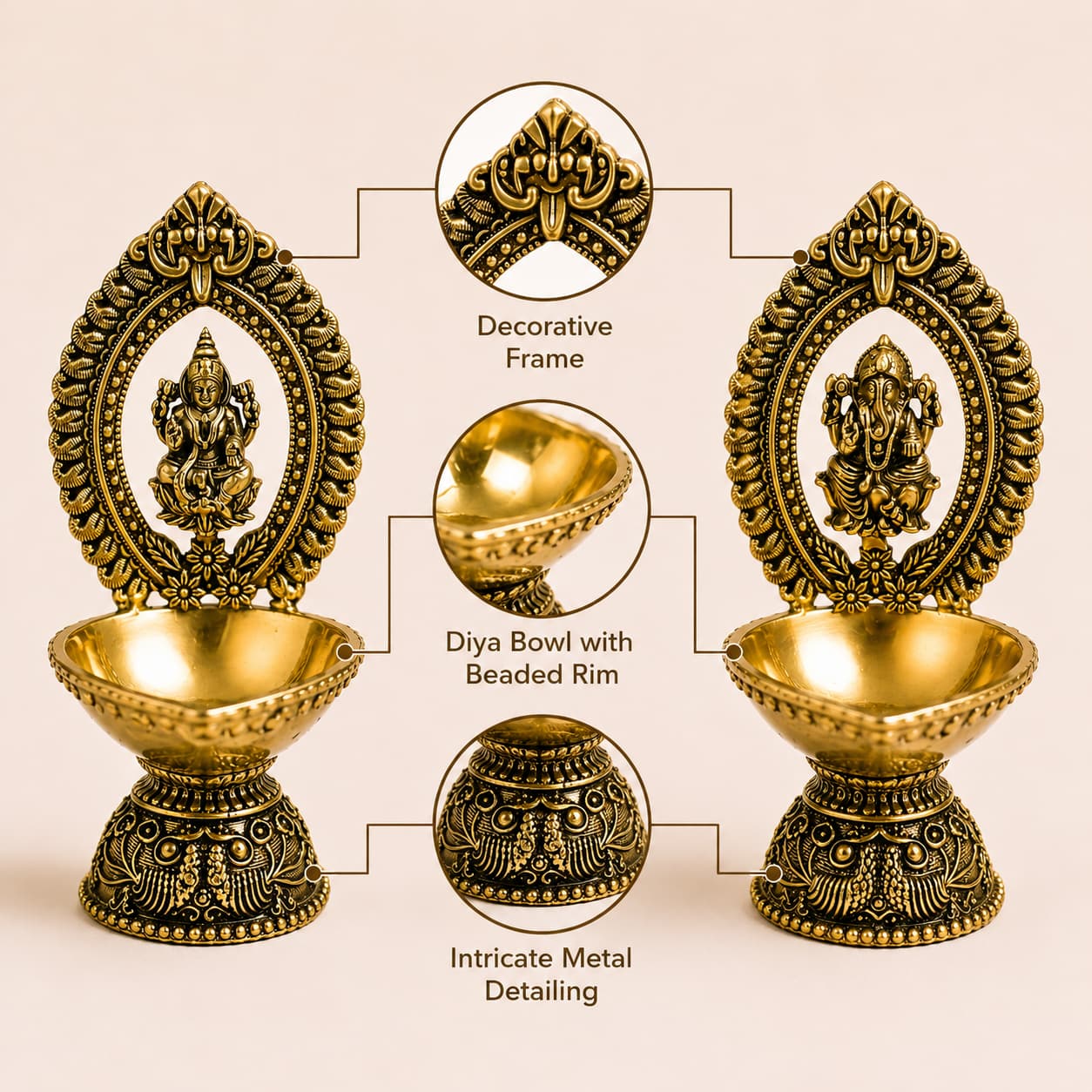 Divine Ganesh-Lakshmi Temple Diya Set with Decorative Oil Lamp Trio