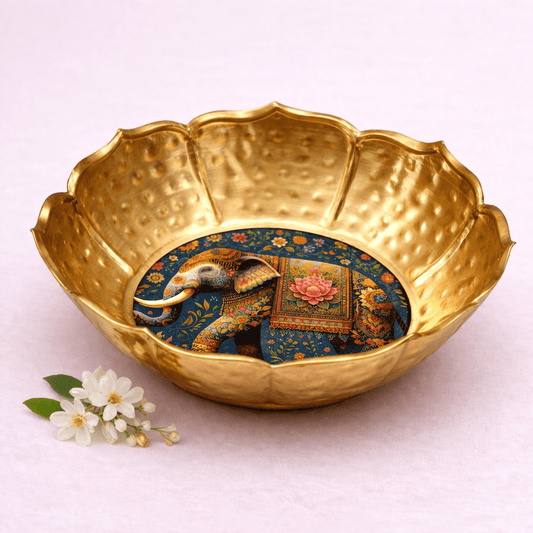 Hammered Golden Lotus Urli with Elephant - KaariTales