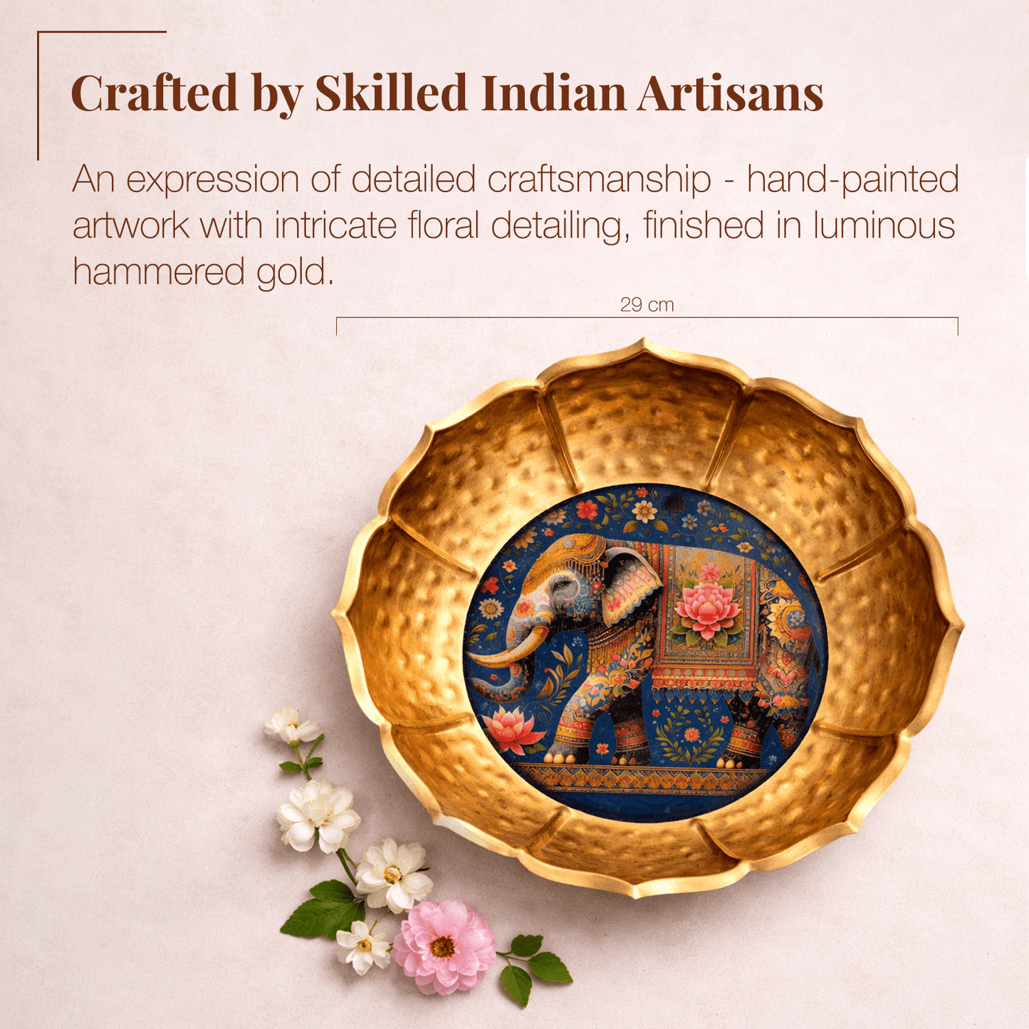 Hammered Golden Lotus Urli with Elephant - KaariTales