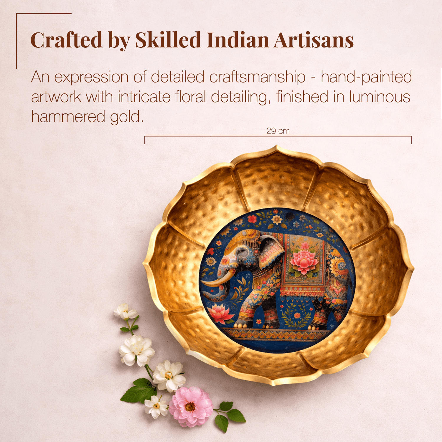 Hammered Golden Lotus Urli with Elephant - KaariTales