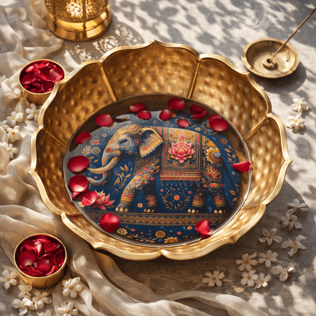 Hammered Golden Lotus Urli with Elephant - KaariTales