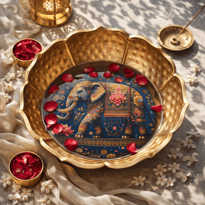Hammered Golden Lotus Urli with Elephant - KaariTales