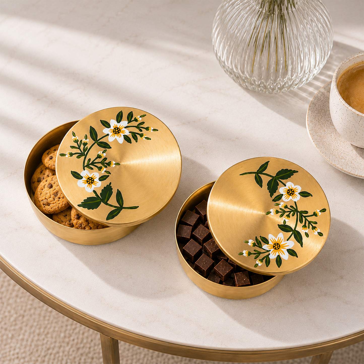 Elegant Brass Floral Handpainted Box Set – Pack of 2