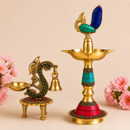 Royal Peacock Brass Diya & Decorative Lamp Set
