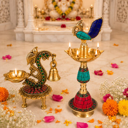 Royal Peacock Brass Diya & Decorative Lamp Set