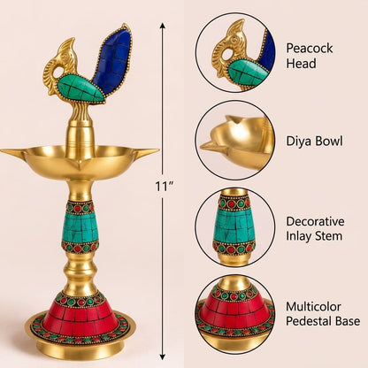 Royal Peacock Brass Diya & Decorative Lamp Set